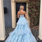 Light Blue Multi-Layers Strapless Appliques A-line Tulle Long Prom Dress,DP031