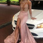 Chic Dusty Pink Long Sleeves Lace Appliques New Arrival High Split Sequins Long Prom Gowns,DP0107