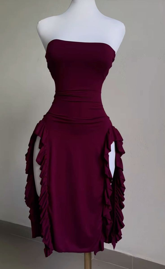 Burgundy Strapless Sheath Midi Length Ruffle Sexy Evening Dress, DP2587
