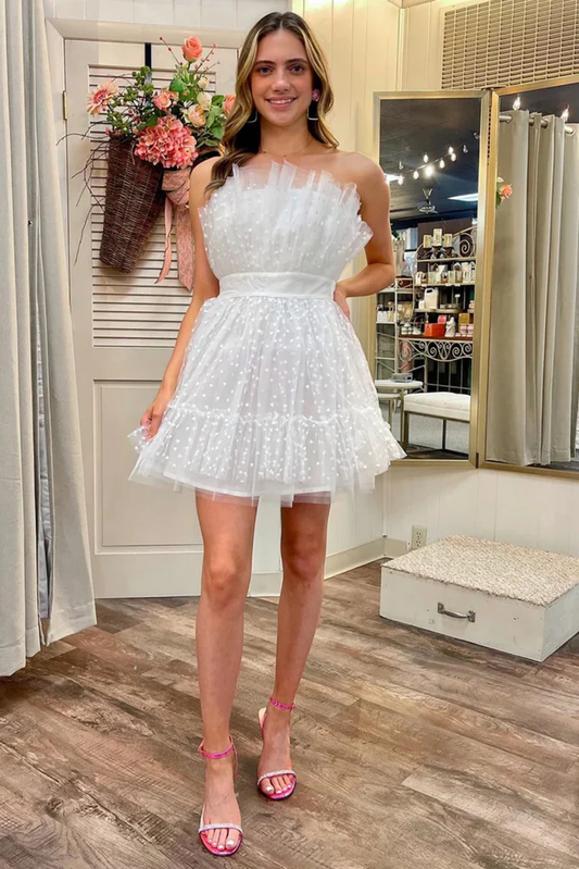 White Polka Dot Strapless Ruffle Short Prom Dress Tulle Homecoming Dress, DP2577