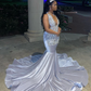 Sexy Mermaid Luxury Beaded Black Girl Silver Prom Party Formal Gowns, DP2380