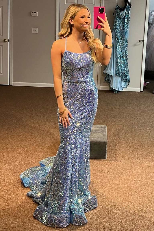 Periwinkle Sequin Lace-Up Back Mermaid Long Prom Dress,DP026