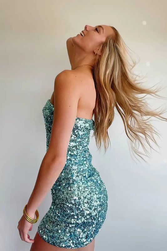 Shiny Sequins Strapless Simple Cute Homecoming Dress, DP2554