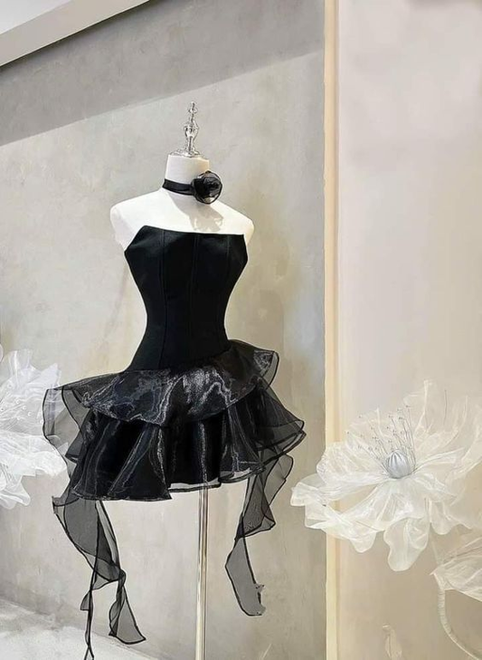Black Strapless A-Line Ruffles Lovely Mini Homecoming Dress, DP2985