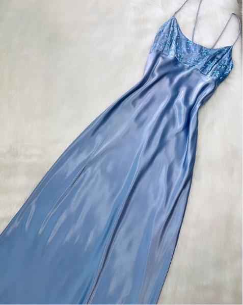 Sky Blue Straps Satin Embroidery Vintage Long Party Dress, DP2286