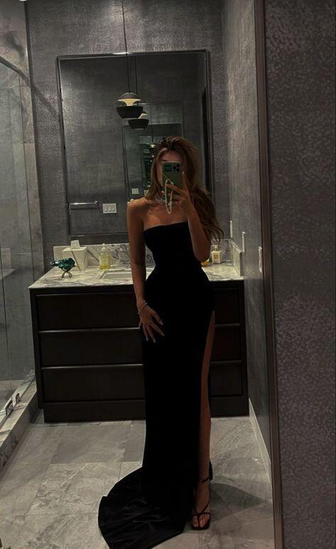 Sexy Black Strapless Mermaid Simple Long Evening Dress with Slit, DP2949