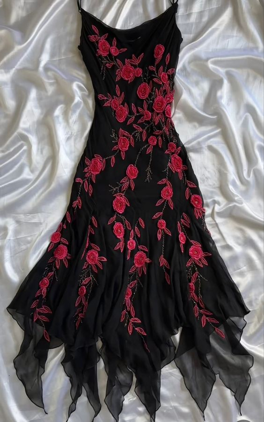 Black Floral Appliques Straps Sexy Vintage Evening Dress, DP2508
