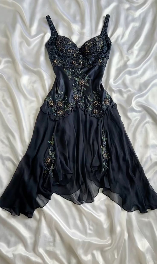 Dark Navy Straps Beading Vintage Evening Party Dress, DP2510