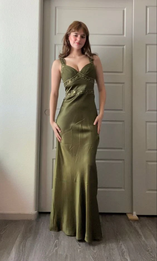 Elegant Green Straps Beading Vintage Long Prom Dress, DP2290