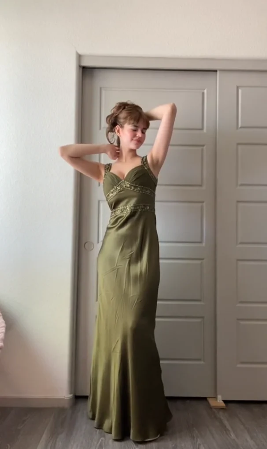 Elegant Green Straps Beading Vintage Long Prom Dress, DP2290