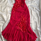 Charming Red Spaghetti Straps Flower Appliques Vintage Evening Dress, DP2511