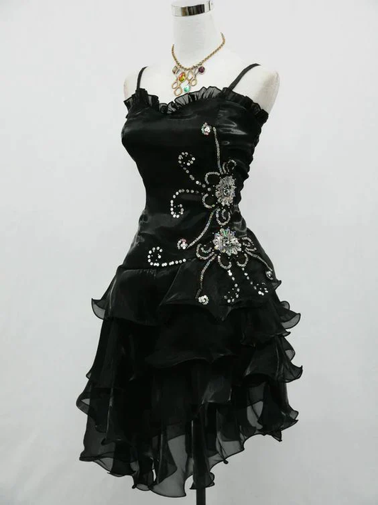 Vintage Black Straps Evening Dress Ruffle Beading Homecoming Dress, DP2291