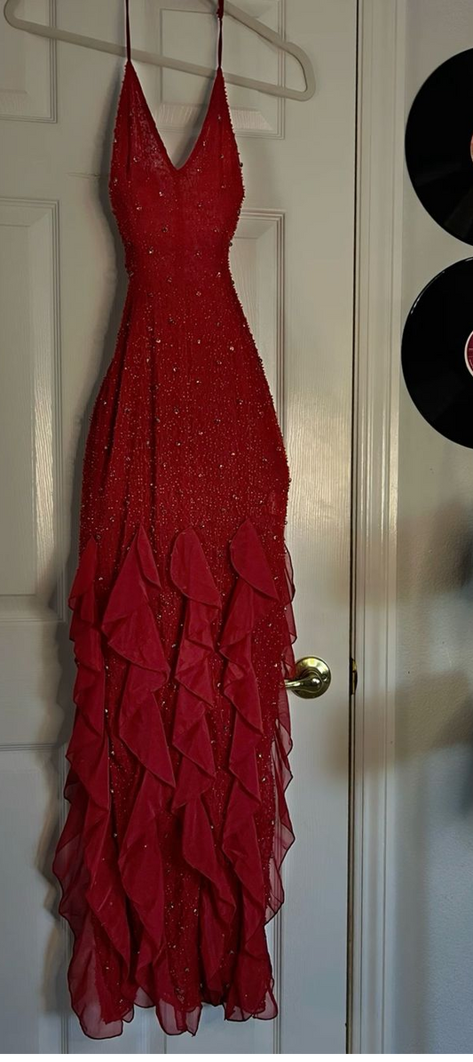 Gorgeous Red Halter Glitter Ruffle Mermaid Long Evening Dress, DP2648