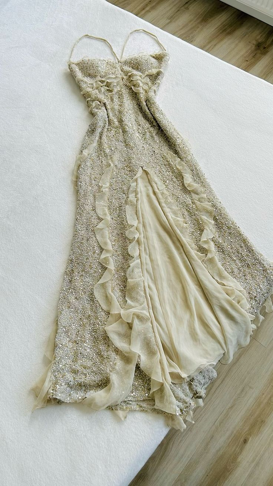 Shiny Vintage Straps Ruffles Beautiful Long Evening Dress, DP2513