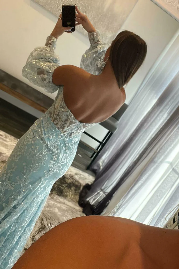 Light Blue Lace Strapless Puff Sleeve Long Prom Dress,DP0105