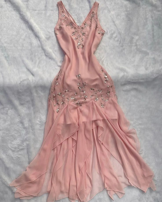 Light Pink V Neck Beading Ruffles Vintage Party Dress, DP2514