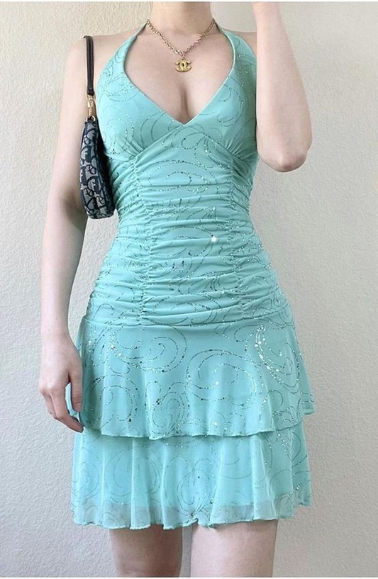 Blue Halter V Neck Shiny Vintage Short Party Dress, DP2515