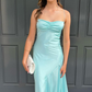 Light Blue Straps Lovely Satin Long Party Dress with Slit, DP2545