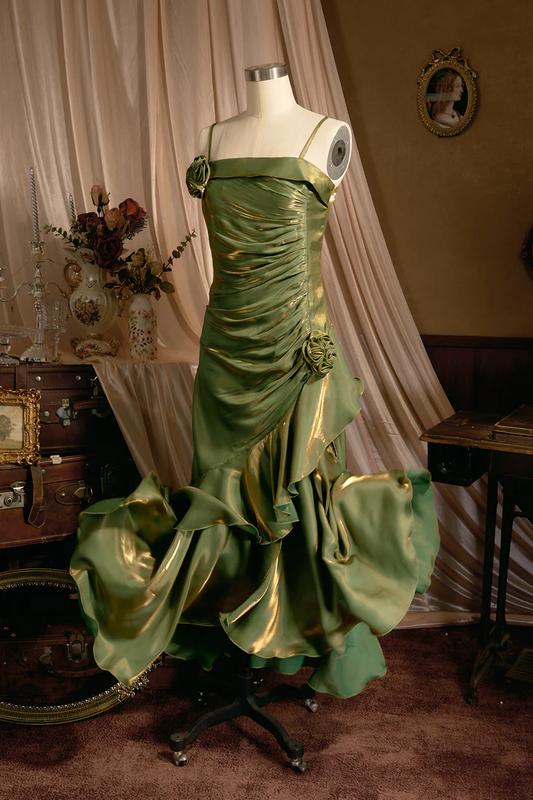 Green Spaghetti Straps Ruffle Vintage Long Prom Dress Maxi Dress, DP2770