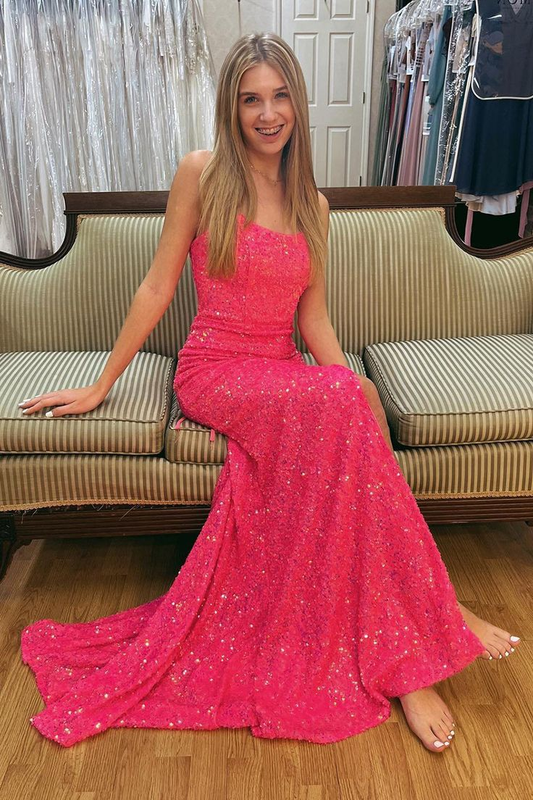 Hot Pink Scoop Neck Mermaid Sequins Long Prom Dress, DP2617