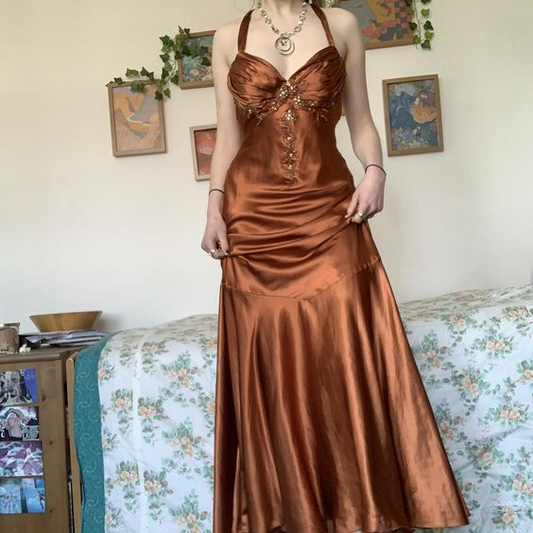 Caramel Sweatheart A-Line Satin Beading Vintage Long Evening Dress, DP2517
