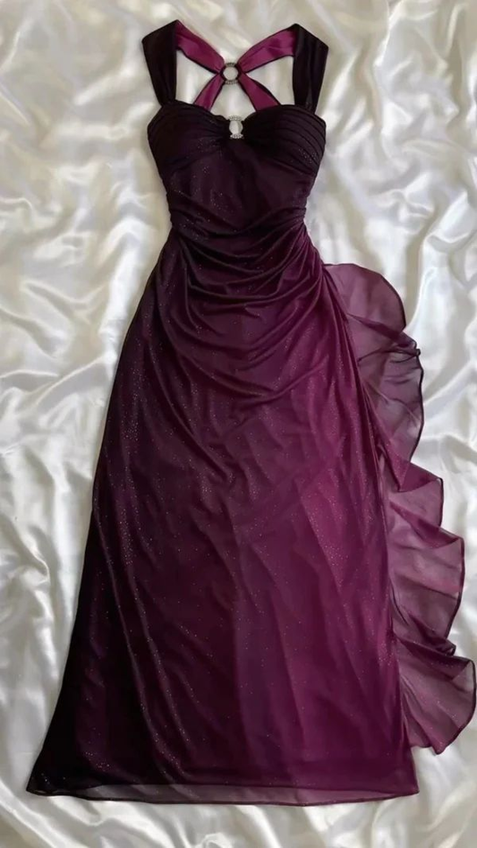 Purple Sweatheart Shiny Ruffle Vintage Long Party Dress, DP2518