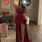 Charming Red Strapless Ruffle Satin Long Evening Dress, DP2618