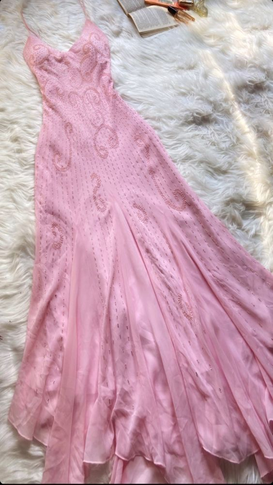 Light Pink V Neck Beading Ruffle Vintage Party Dress, DP2521