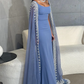 Dusty Blue Mermaid Appliques Beading Long Party Dress with Cape Sleeves,DP500