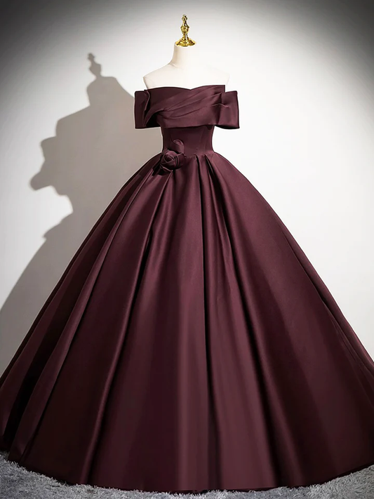 Dark Burgundy Satin Elegant A-Line Off Shoulder Evening Gown Formal Party Dress, DP2467