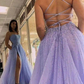 Beaded Long Tulle Formal Evening Dresses With Slit A Line Prom Dresses,DP095