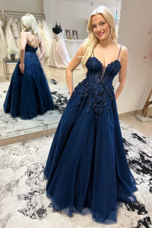 Navy Blue Straps Plunging V Floral Beaded Long Prom Dress,DP08