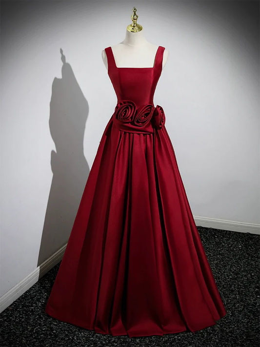 Red Satin Long Prom Dress with Flowers Elegant A-Line Enening Gown, DP2472