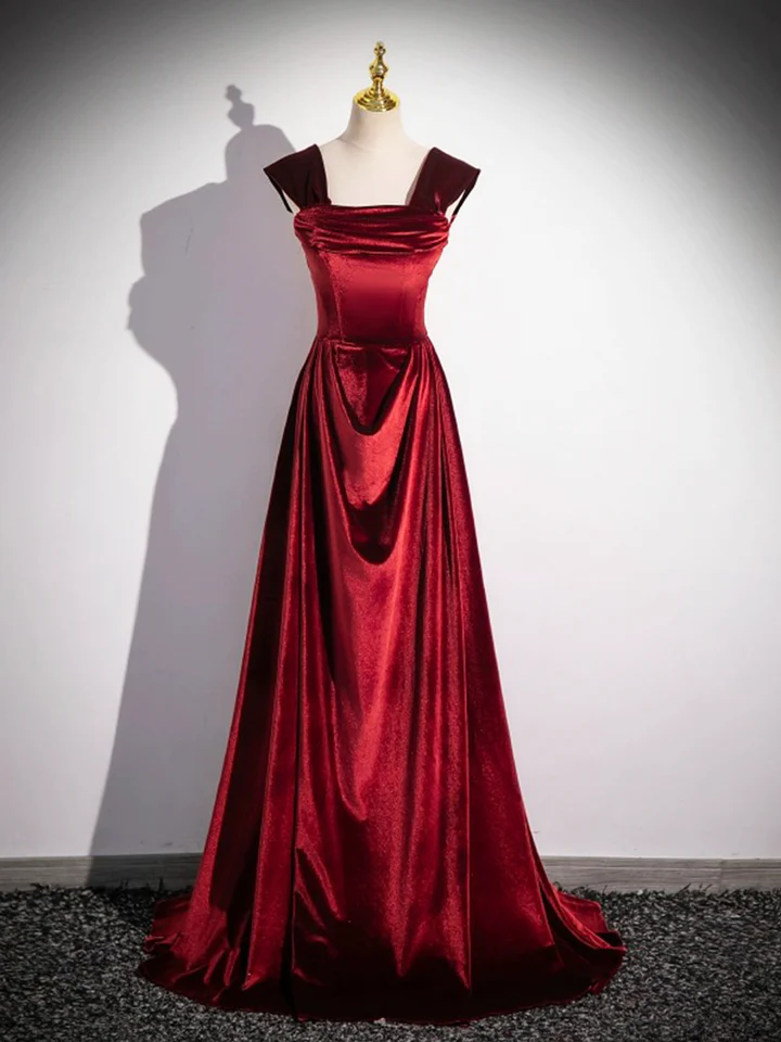 Burgundy Velvet Elegant A-Line Off Shoulder Formal Party Dress, DP2473