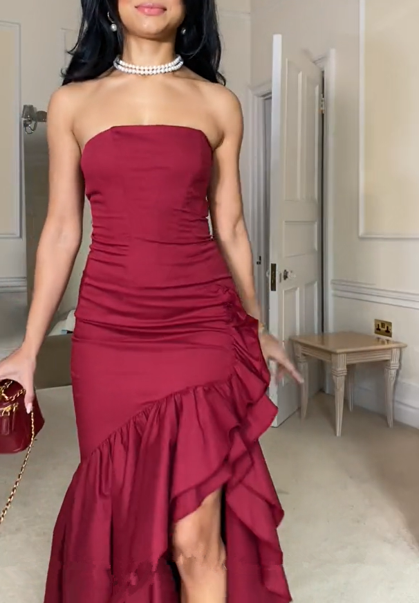 Charming Red Strapless Cascading Ruffle Long Prom Dress, DP2589