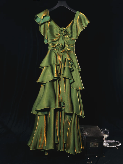 Green Ruffles A-Line Vintage Long Prom Dress Maxi Dress, DP2771
