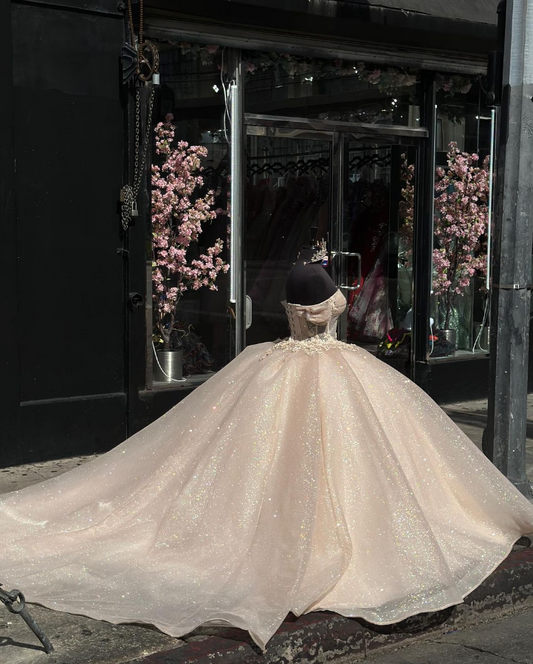 Shiny Champagne Quincenera Dress Off Shoulder Sweet 16 Ball Gown, DP2572