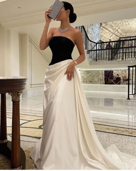 Black and White Strapless Long Prom Dress Evening Gown, DP2936