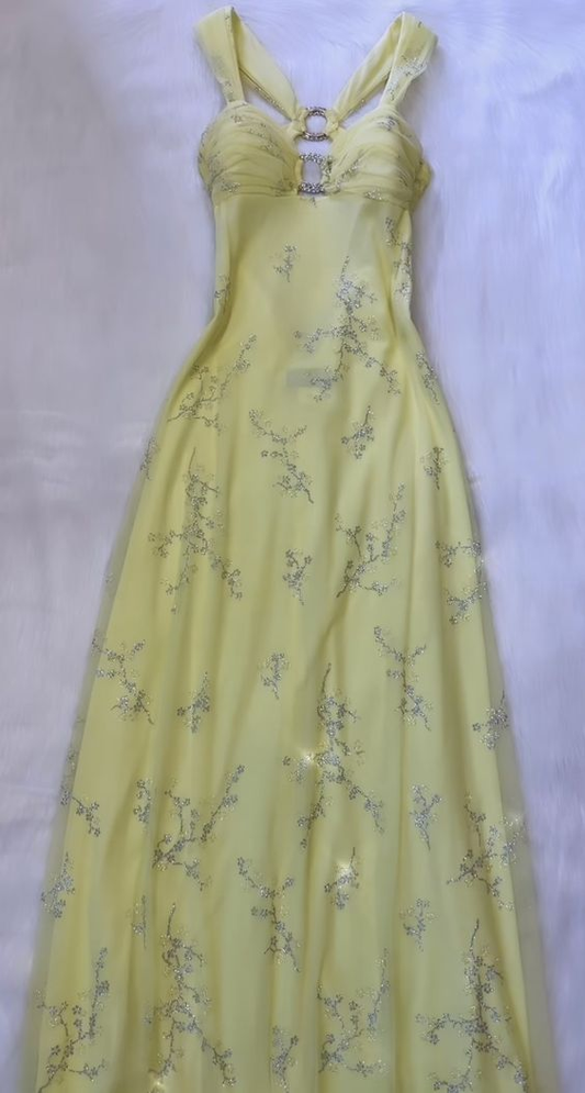 Light Yellow Tulle Sequins Vintage Evening Party Dress, DP2525