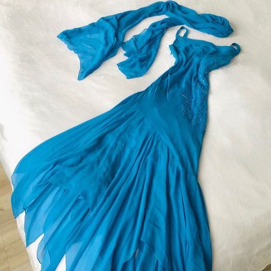 Charming Blue Straps Chiffon Ruffles Vintage Long Party Dress, DP2526
