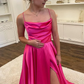 Hot Pink Scoop Neck Satin A-Line Long Party Dress with Slit, DP2622