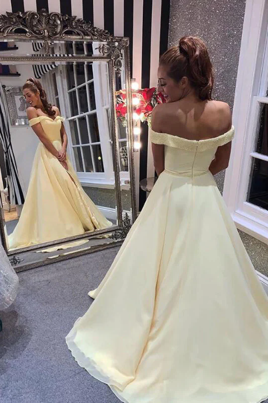 Elegant Off Shoulder A-Line Yellow Long Prom Dress,DP038