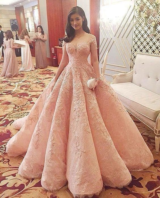 Gorgeous Sweetheart Short Sleeves A Line Ball Gown Long Prom Dresses with Appliques,DP0207