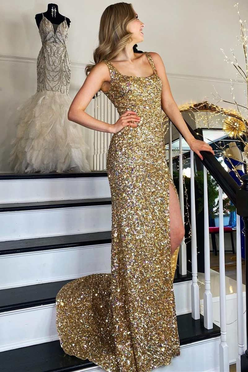 Gold Sequin Square Neck Backless Mermaid Long Formal Dress with Slit,DP048