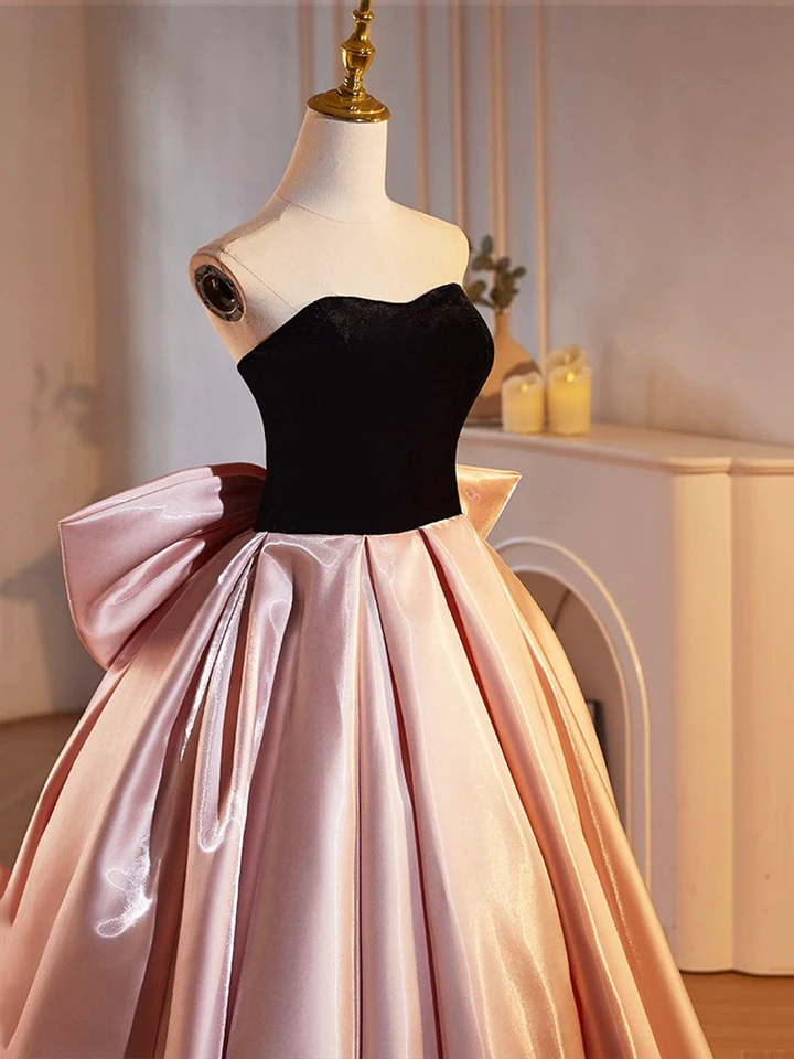 Black Velvet and Pink Satin Beautiful A-Line Strapless Party Dress Evening Gown, DP2476