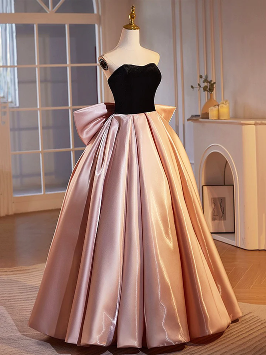 Black Velvet and Pink Satin Beautiful A-Line Strapless Party Dress Evening Gown, DP2476