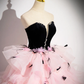 Pink Tulle and Black Velvet Strapless Party Gown Ruffles Formal Evening Dress, DP2477