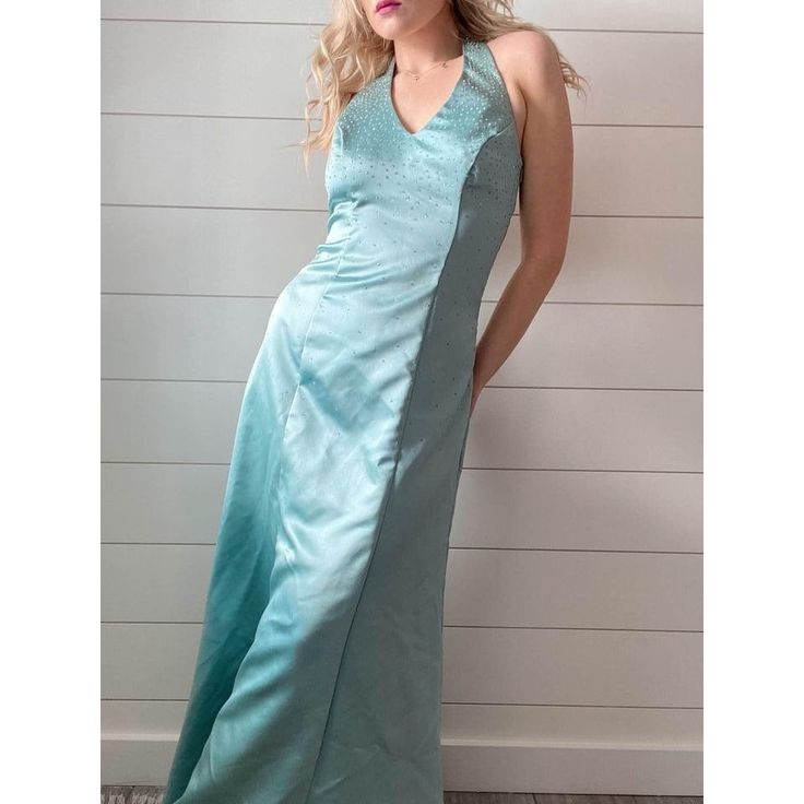 Vintage Beading Halter Satin Blue Evening Party Dress, DP2499