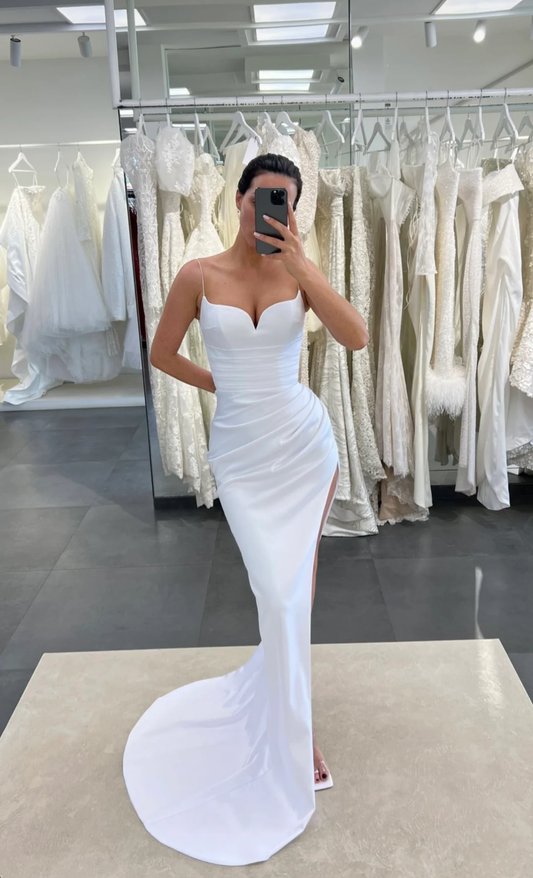White Spaghrtti Straps Mermaid Long Prom Dress with Slit, DP2486