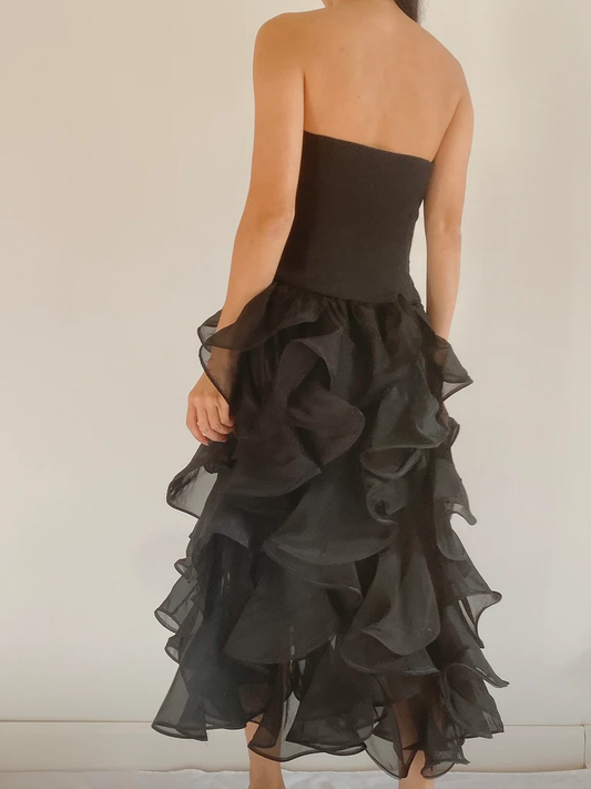 Black Strapless Ruffles Classy Evening Party Dress, DP2597